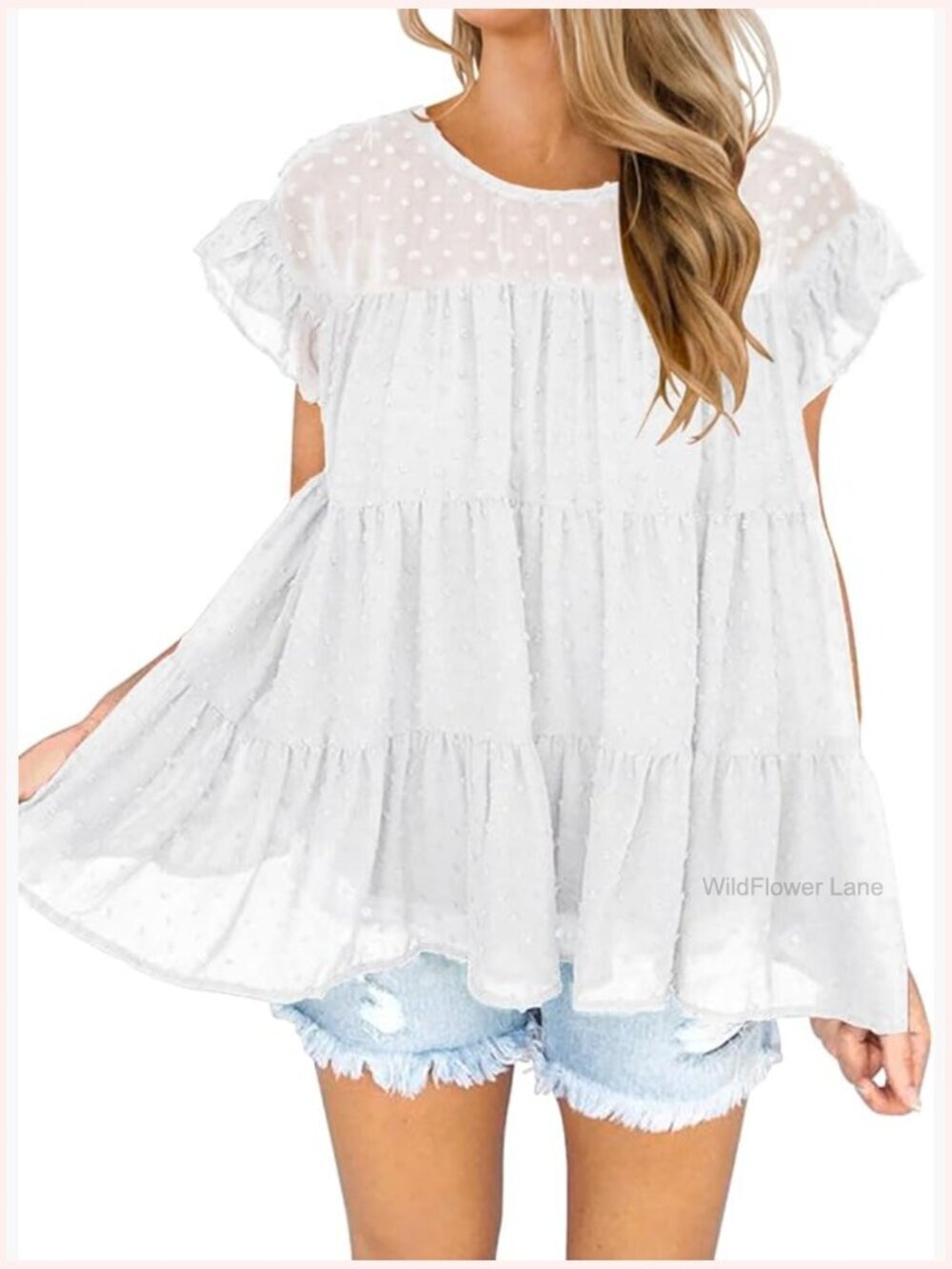 Swiss Dot Babydoll Top Ruffle Sleeve Tiered Flowy Blouse Dressy Casual